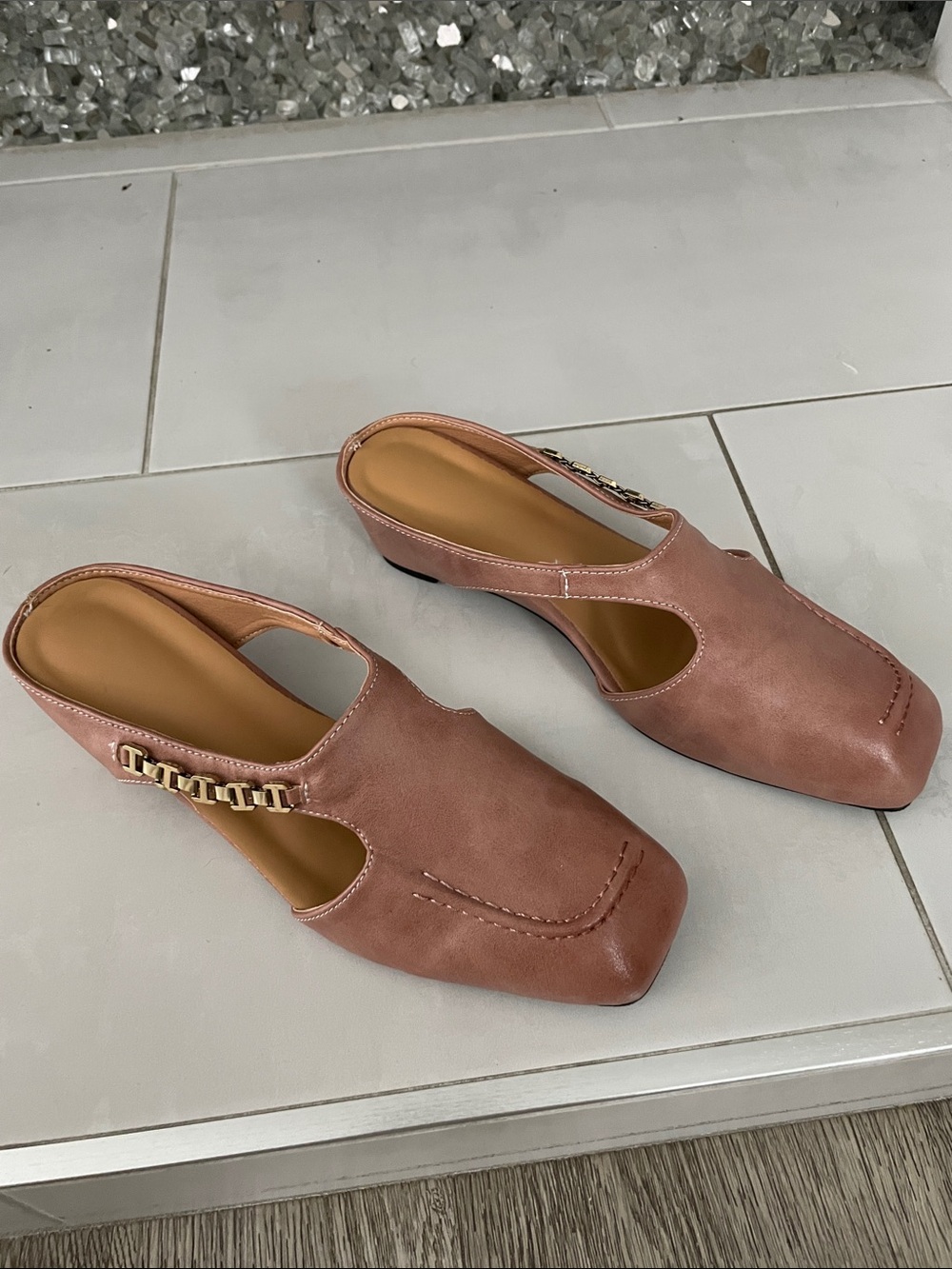 Women’s Square toe Blush Pink Slip-On Mules with Gold Chain Accent
